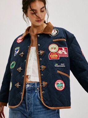 Quilted Navy Utility Jacket with Contrast Trim and Patchwork